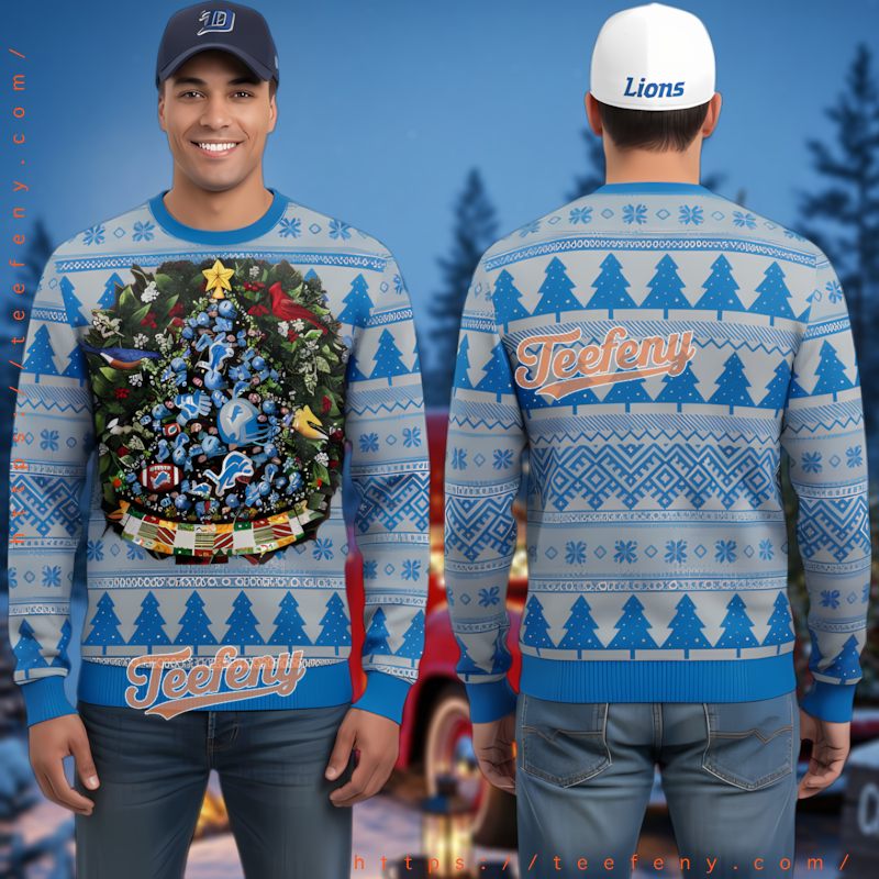 Detroit Lions Ugly Christmas Sweater 3D Printed Blue Wreath Tree Design Detroit Lions Ugly Christmas Sweater 3D Printed Blue Wreath Tree Design
