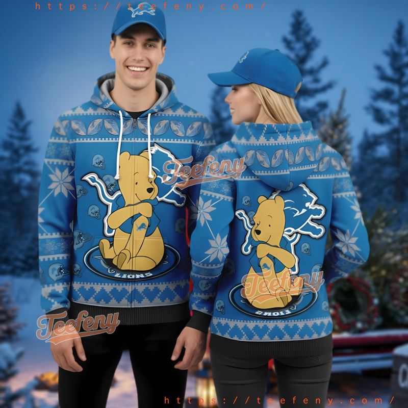 Detroit Lions Winnie The Pooh Funny Ugly Christmas 3D Zip Hoodie Detroit Lions Winnie The Pooh Funny Ugly Christmas 3D Zip Hoodie