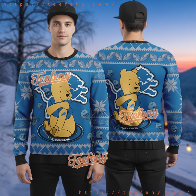 Detroit Lions Winnie The Pooh Ugly Christmas Sweater 3D Printed Blue Detroit Lions Winnie The Pooh Ugly Christmas Sweater 3D Printed Blue