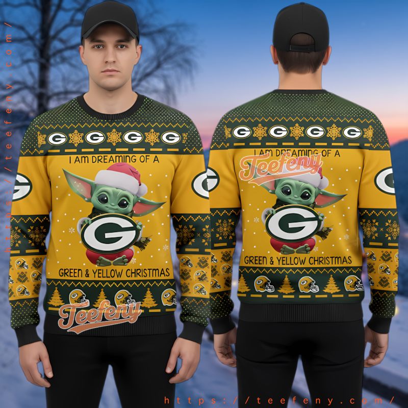 Green Bay Packers Baby Yoda Ugly Christmas Sweater Dreaming Of A Green