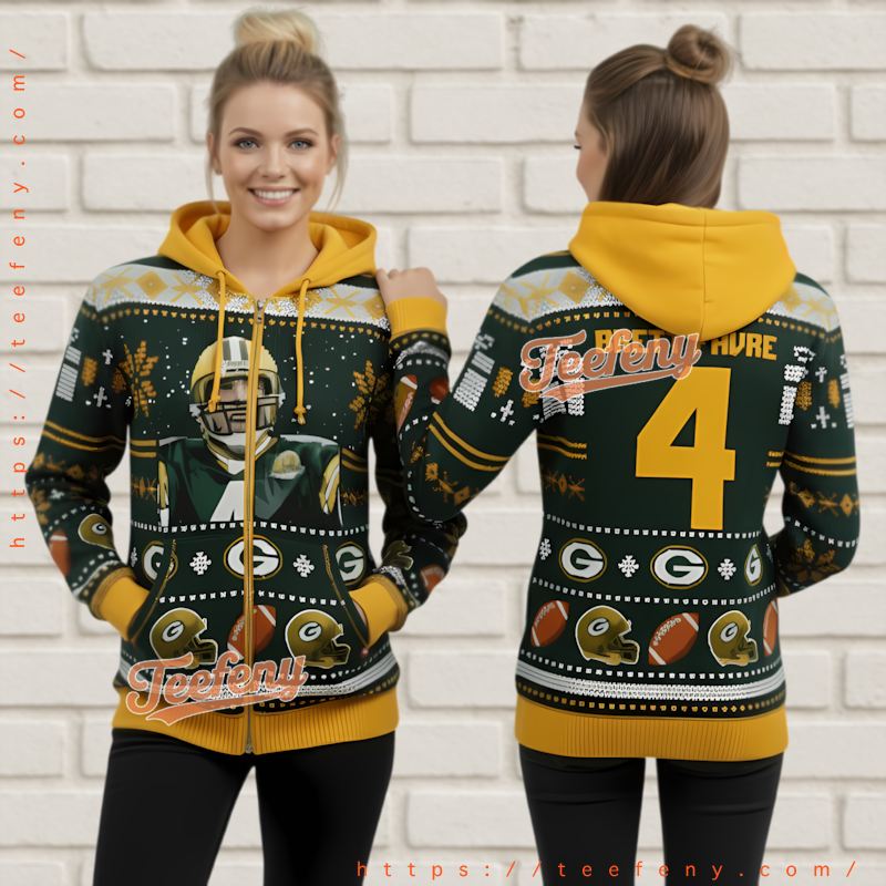 Green Bay Packers Brett Favre Player Ugly Christmas 3D Zip Up Hoodie