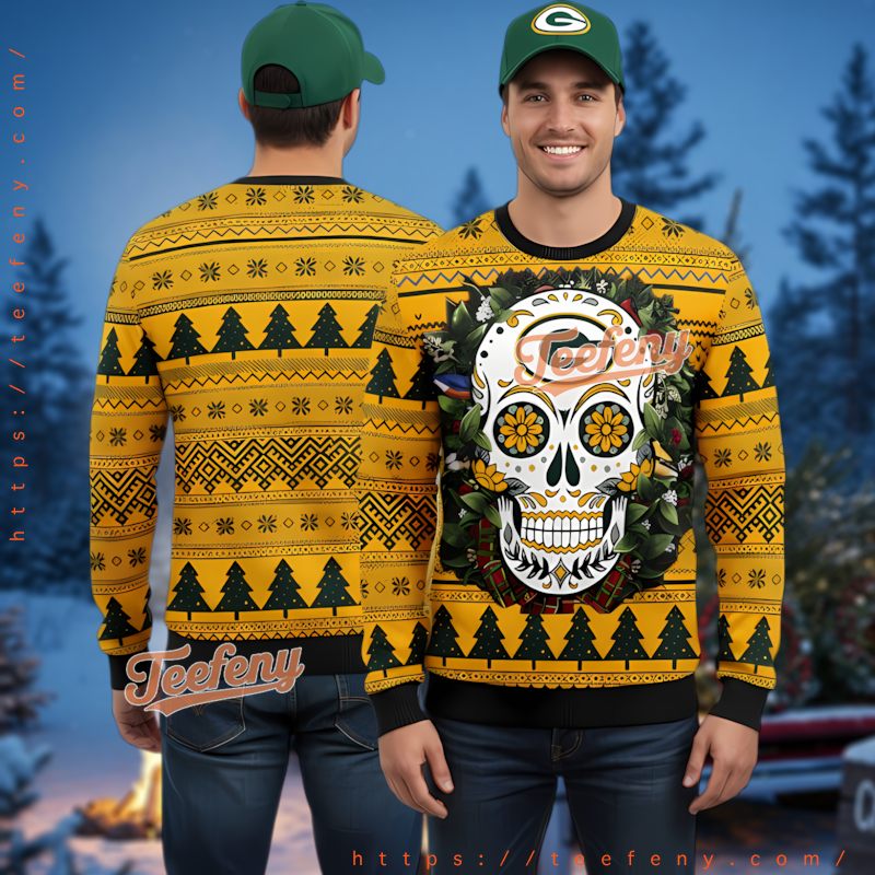 Green Bay Packers Christmas Tree Pattern Sugar Skull Ugly Sweater