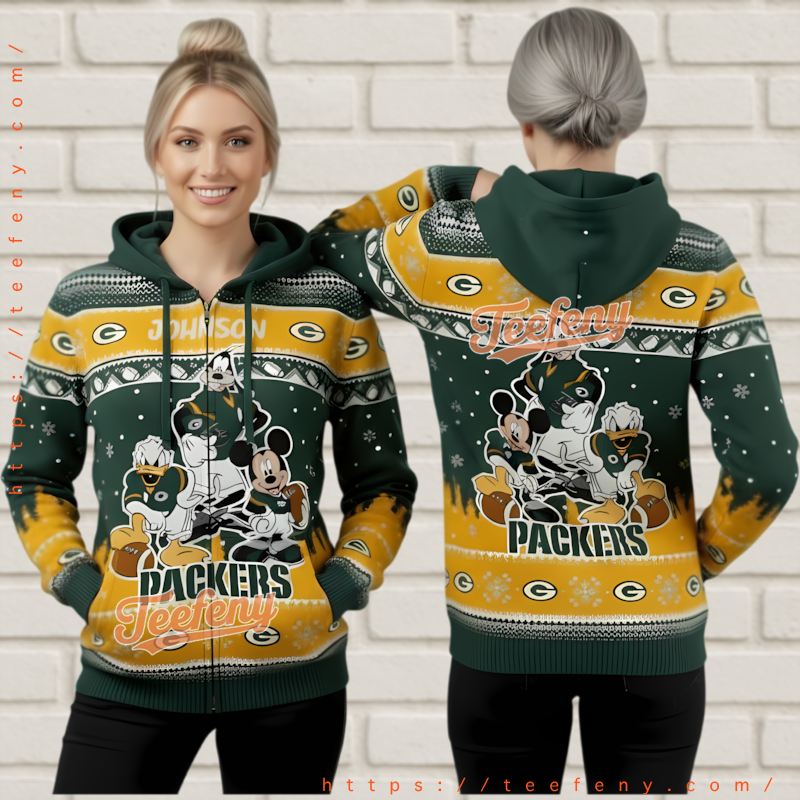 Green Bay Packers Disney Mickey Donald Goofy Ugly Christmas 3D Hoodie