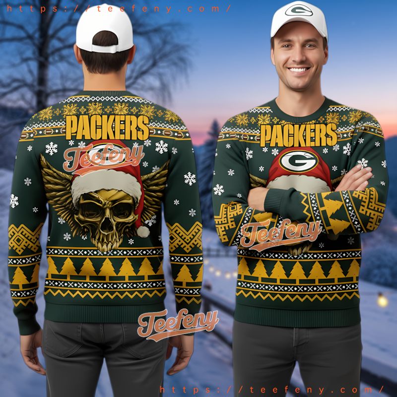 Green Bay Packers Edgy Skull Santa Ugly Christmas Sweater 3D Print