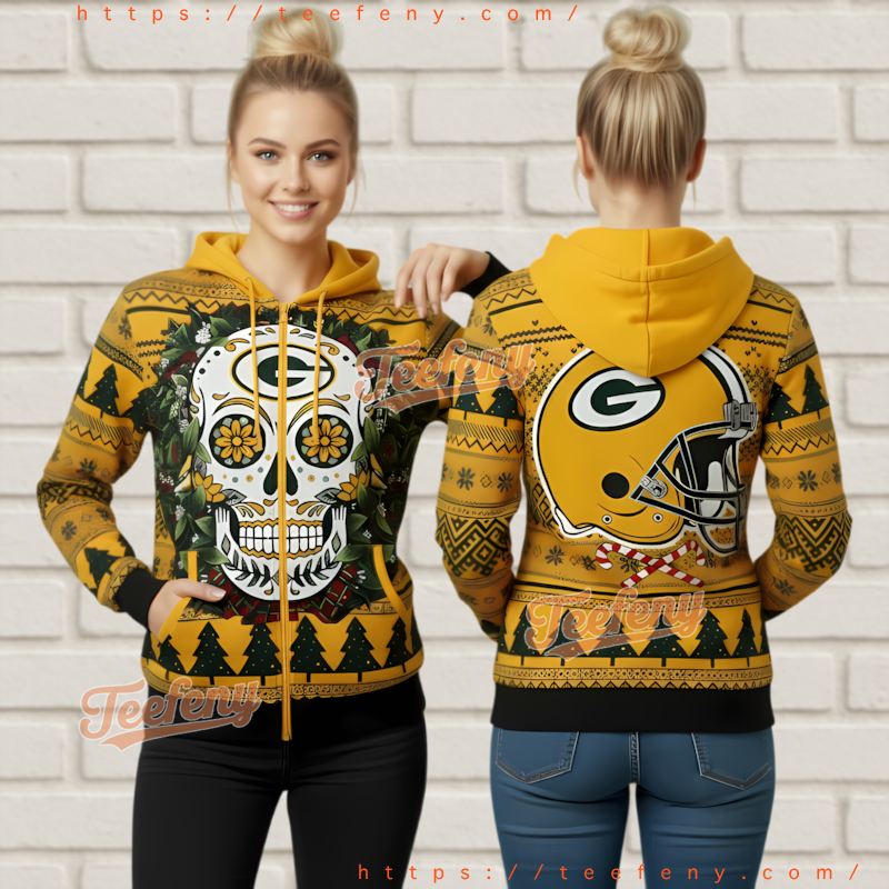 Green Bay Packers Floral Skull Ugly Christmas 3D Hoodie