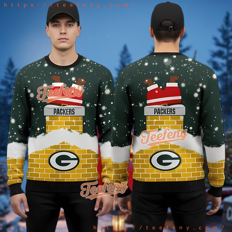 Green Bay Packers Funny Ugly Christmas Sweater Santa Stuck In Chimney