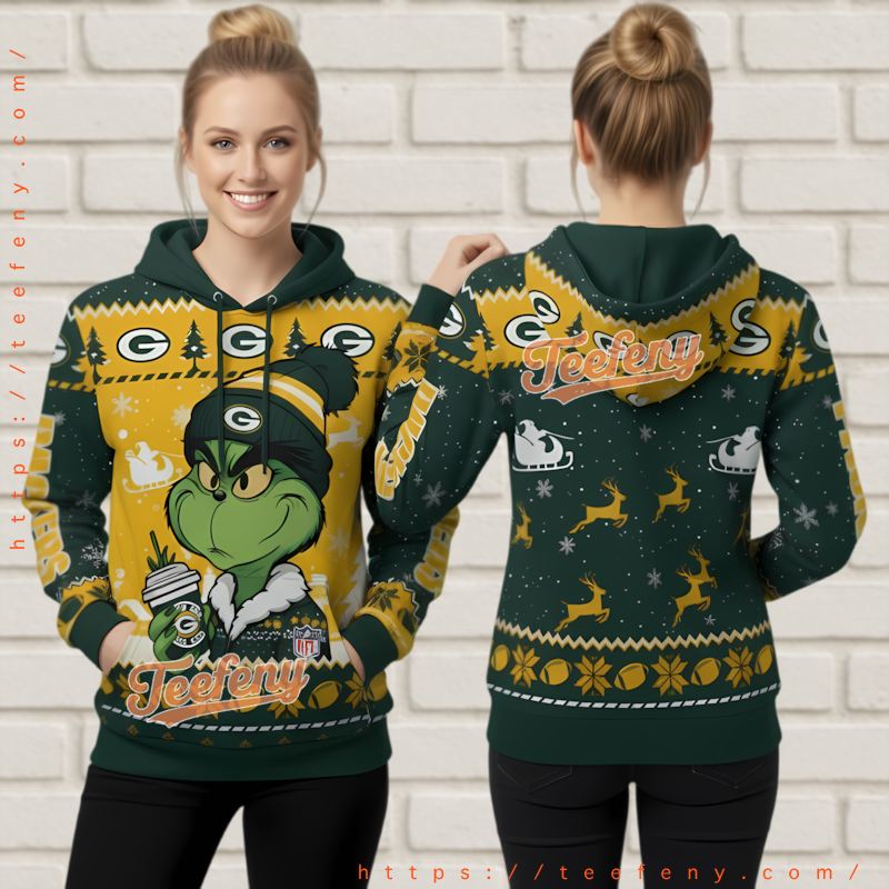 Green Bay Packers Grinch Coffee Reindeer Pattern Ugly 3D Hoodie