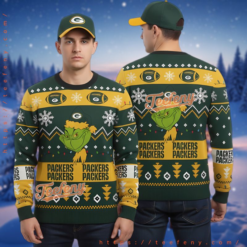 Green Bay Packers Grinch Face Ugly Christmas Sweater 3D Print Holiday Gear