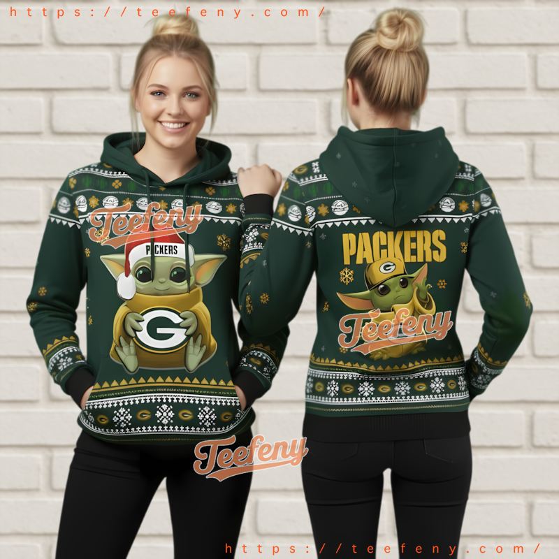 Green Bay Packers Grogu Santa Hat Ugly Christmas 3D Hoodie