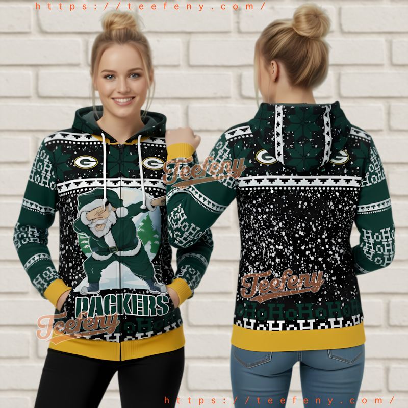 Green Bay Packers Ho Ho Ho Dabbing Santa Holiday Ugly 3D Hoodie
