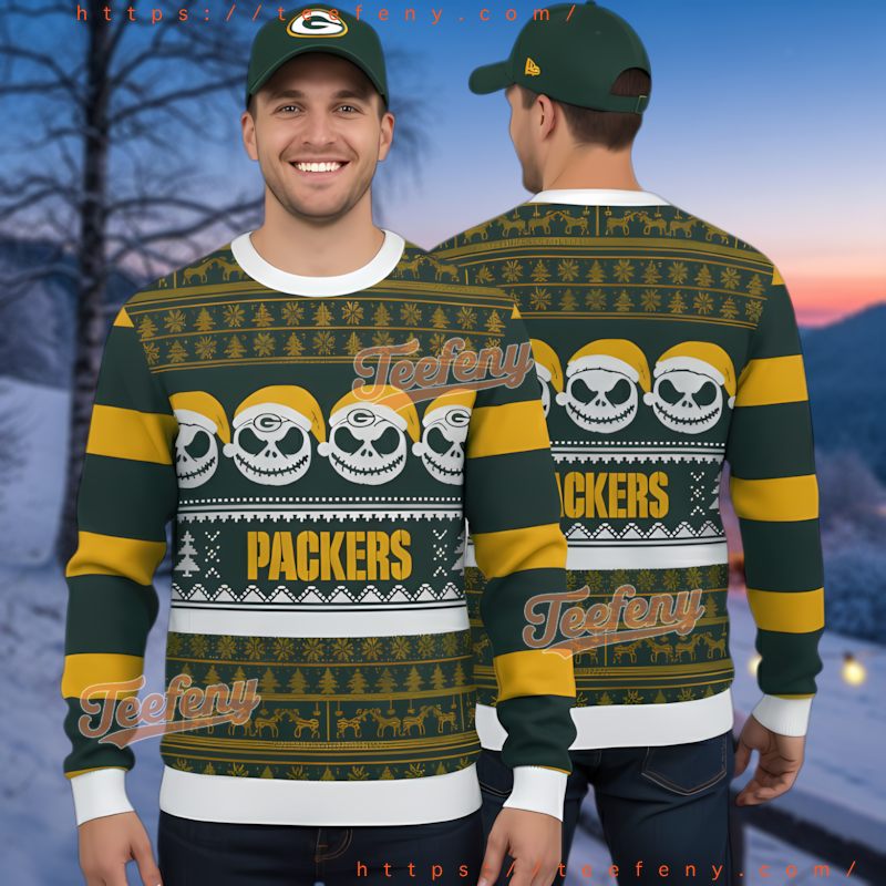 Green Bay Packers Horrror Ugly Christmas Sweater Jack Skellington Face