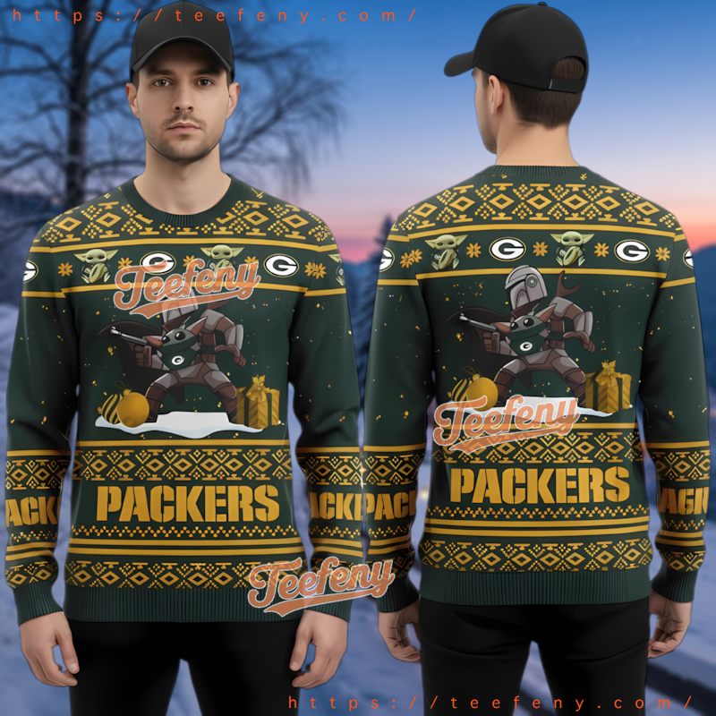 Green Bay Packers Mando Baby Yoda Ugly Christmas Sweater Funny