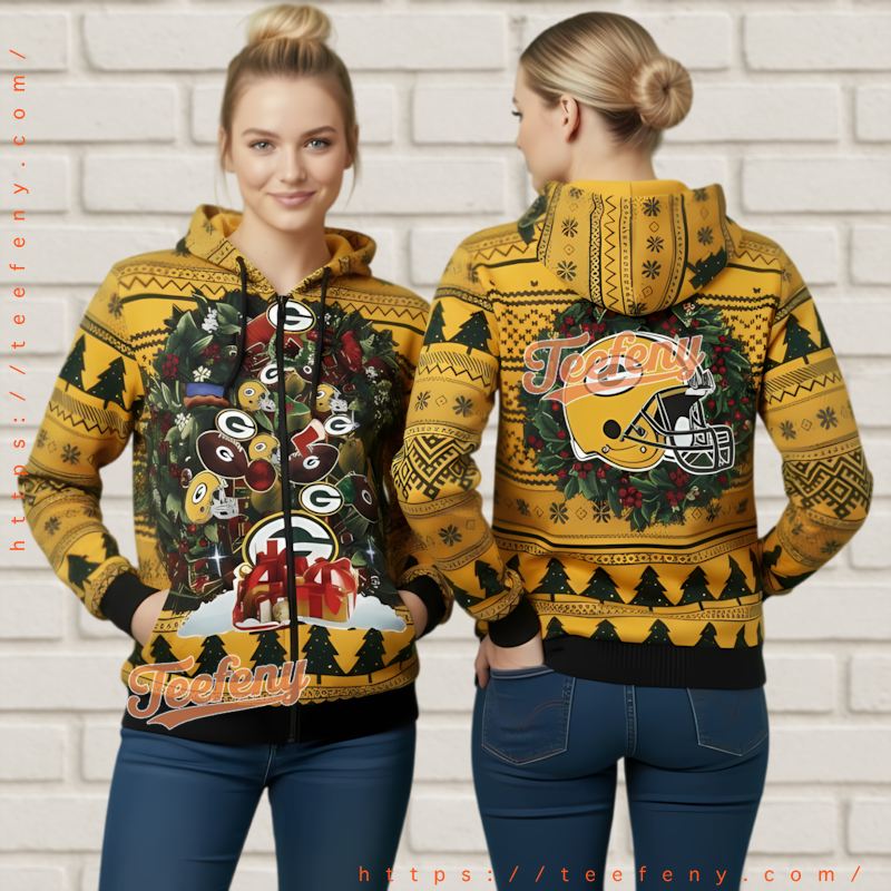 Green Bay Packers Nfl Christmas Wreath Helmet Ugly 3D Hoodie