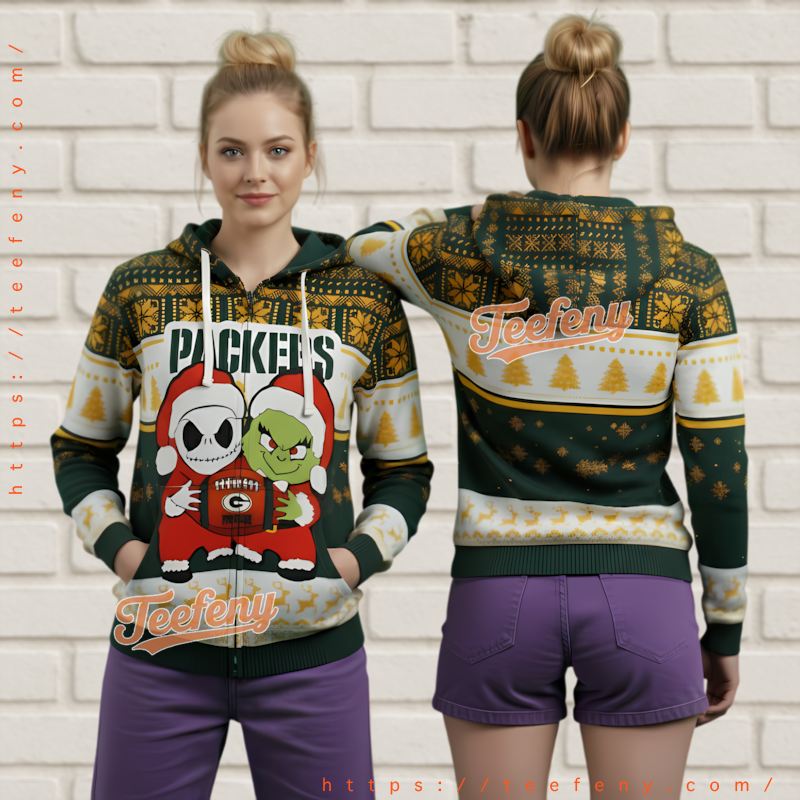 Green Bay Packers Nfl Grinch Jack Skellington Ugly Christmas 3D Hoodie