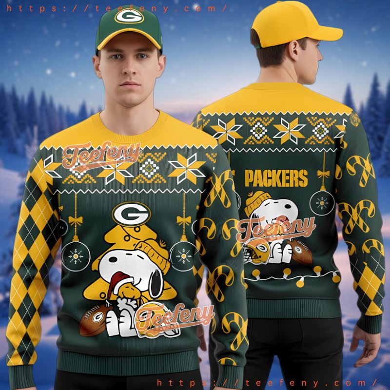 Green Bay Packers Peanuts Snoopy Christmas Tree Ugly Sweater For Men