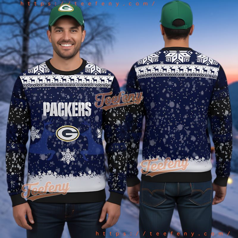 Green Bay Packers Reindeer And Snowflakes Ugly Christmas Sweater Navy Blue