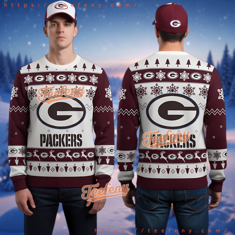 Green Bay Packers Reindeer Pattern Snowflakes Ugly Sweater Maroon White