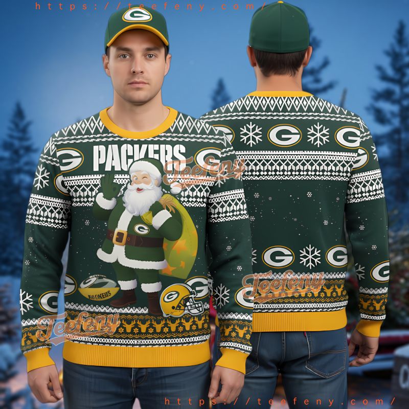 Green Bay Packers Santa Claus Christmas Ugly Sweater Football Helmet