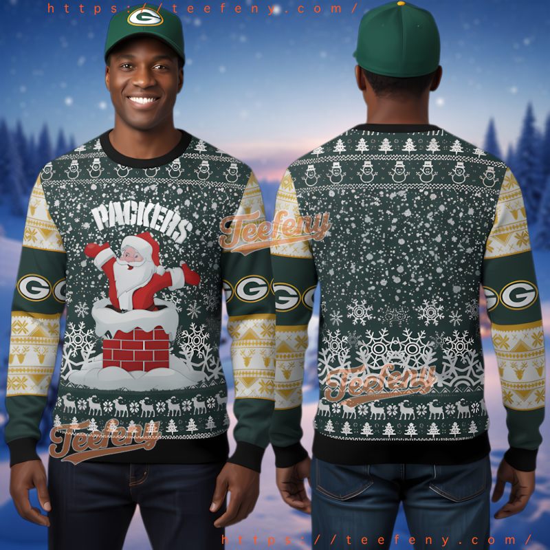 Green Bay Packers Santa In Chimney Ugly Christmas Sweater Official Fan Gear