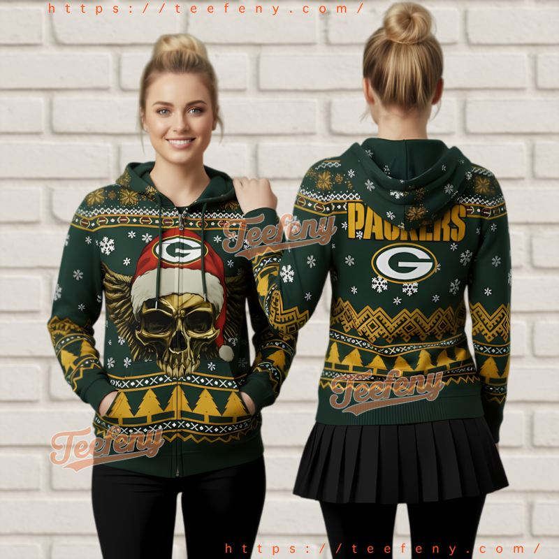Green Bay Packers Skull With Santa Hat Ugly 3D Hoodie Horror Green Bay Packers Skull With Santa Hat Ugly 3D Hoodie Horror