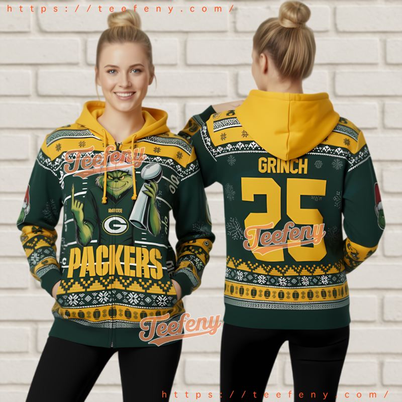 Green Bay Packers Super Bowl Trophy Grinch Ugly Christmas 3D Hoodie Green Bay Packers Super Bowl Trophy Grinch Ugly Christmas 3D Hoodie