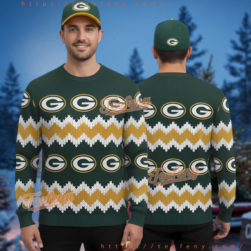 Green Bay Packers Yellow Ugly Christmas Sweater Logo Repeating