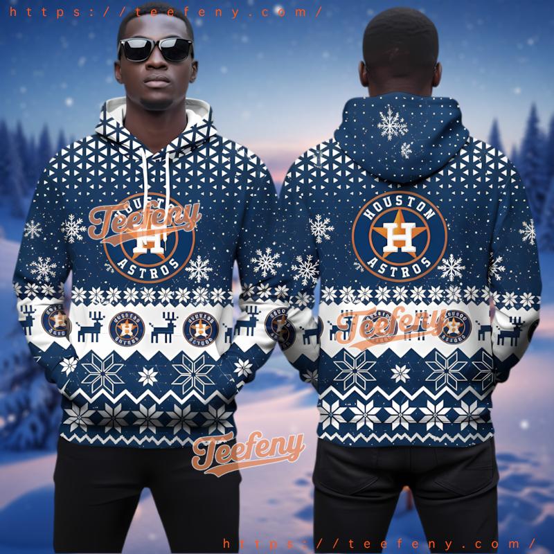 Houston Astros Reindeer Snowflake Ugly 3D Pullover Hoodie Blue Houston Astros Reindeer Snowflake Ugly 3D Pullover Hoodie Blue