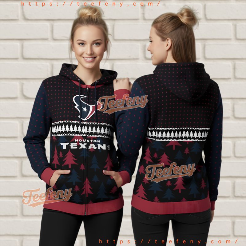 Houston Texans Christmas Tree Pattern Ugly 3D Zip Up Hoodie Official Holiday