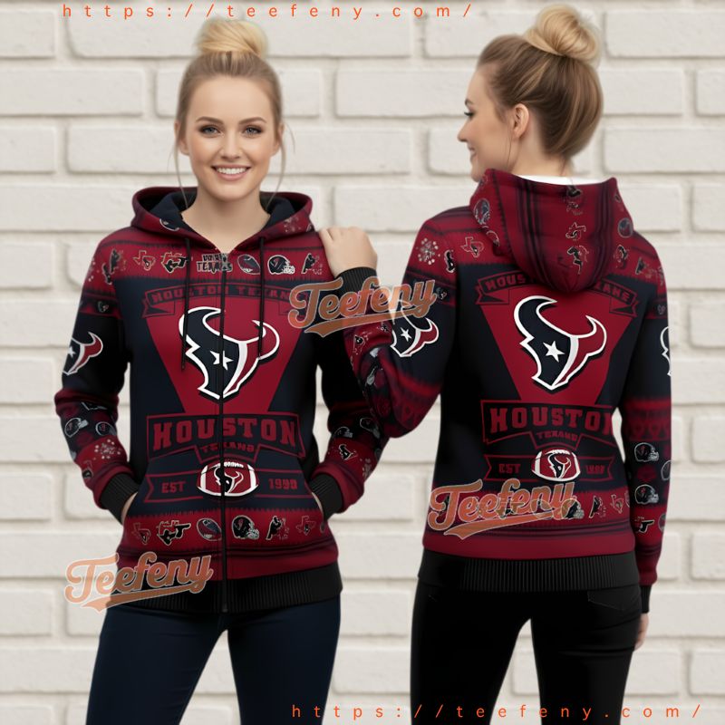 Houston Texans Classic Logo Ugly Christmas 3D Zip Up Hoodie