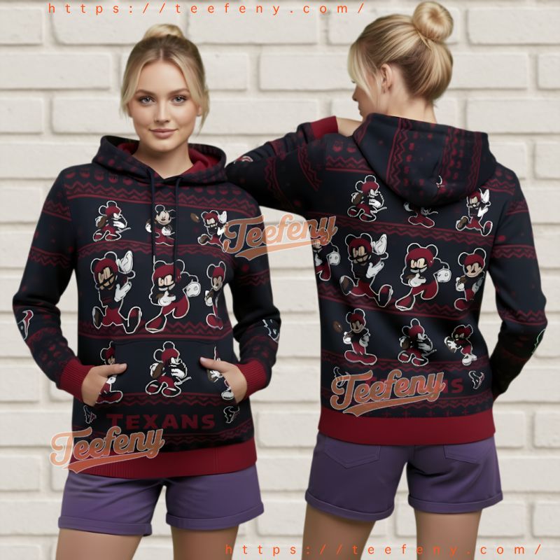 Houston Texans Disney Mickey Pattern Ugly Christmas 3D Pullover Hoodie