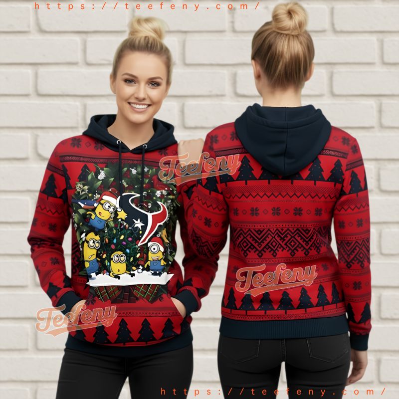 Houston Texans Festive Minions Santa Hat Ugly Christmas 3D Hoodie
