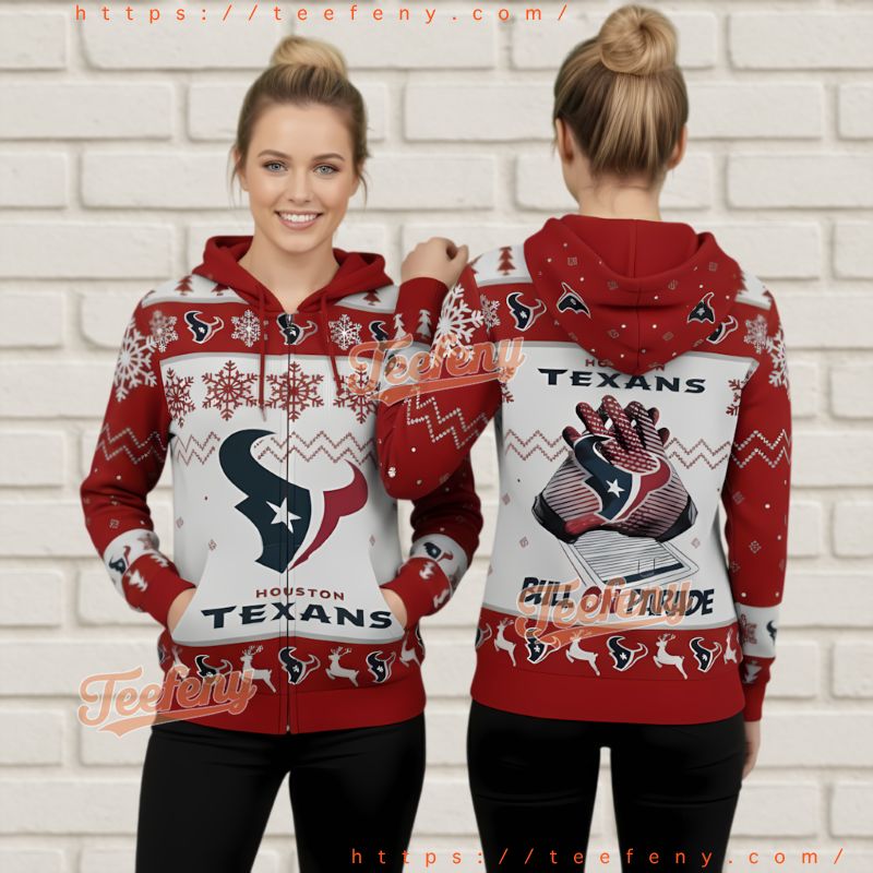 Houston Texans Festive Pattern Bull On Parade Ugly Christmas 3D Hoodie