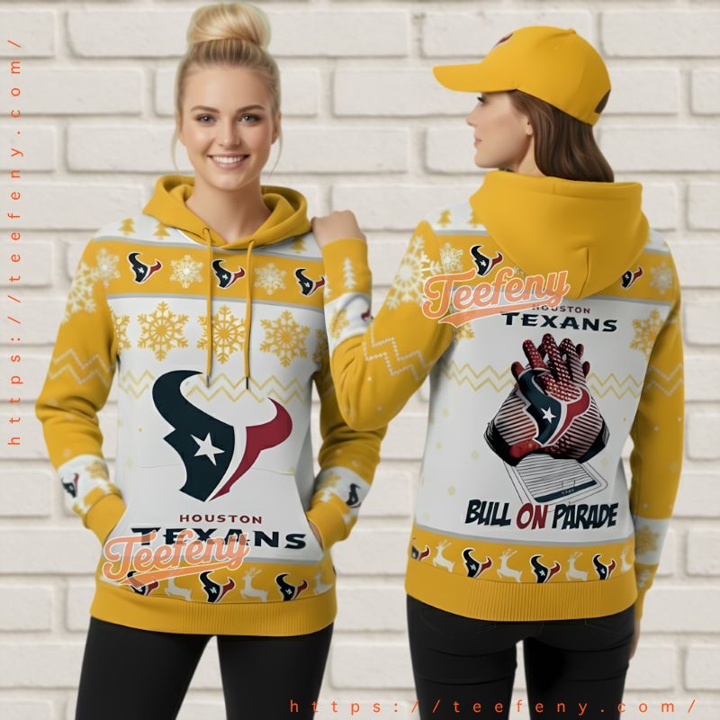 Houston Texans Festive Snowflake Ugly Christmas 3D Hoodie Yellow Gear