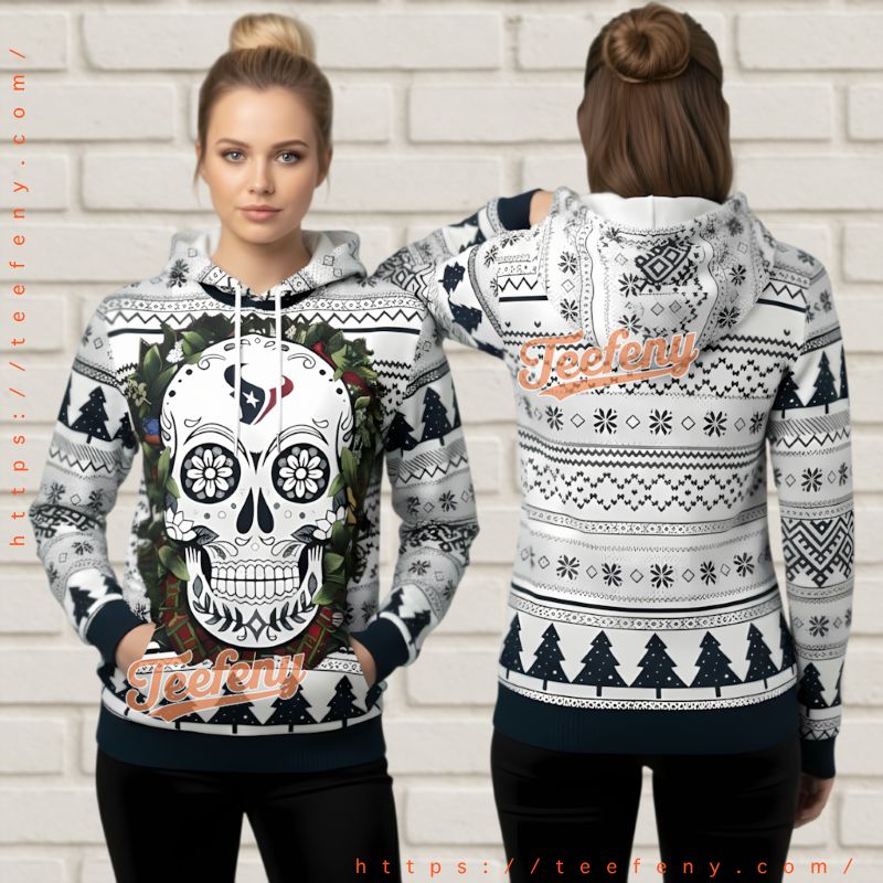 Houston Texans Festive Sugar Skull Ugly Christmas 3D Hoodie