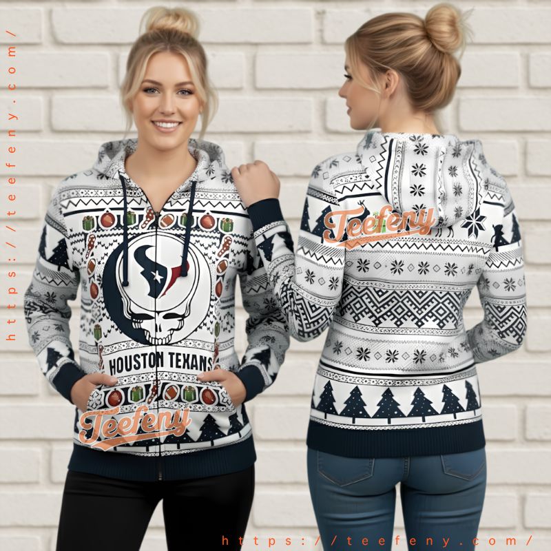 Houston Texans Grateful Dead Style Skull Ugly Christmas 3D Hoodie