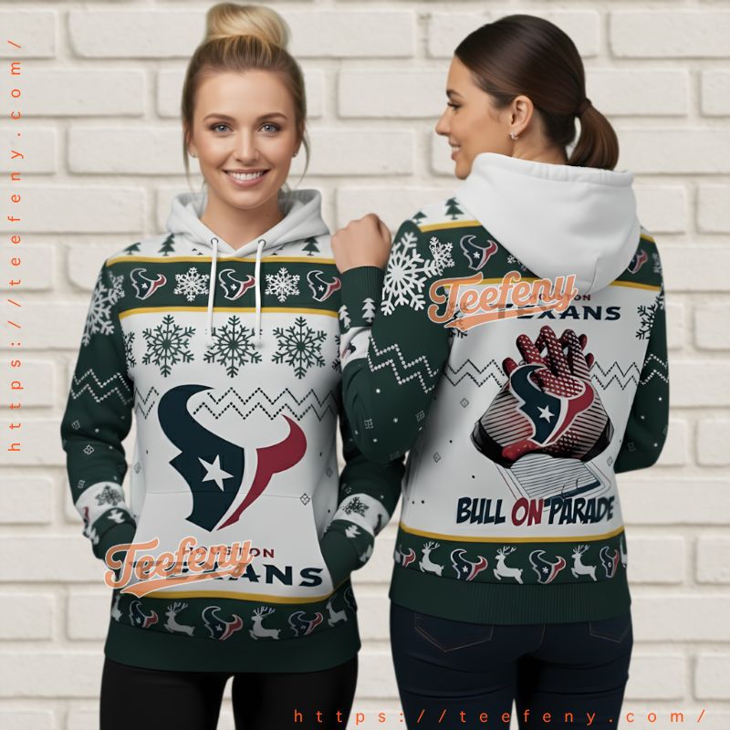 Houston Texans Green White Bull On Parade Ugly Christmas 3D Hoodie