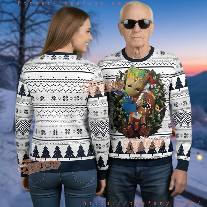 Houston Texans Groot Hug Ugly Christmas Wreath Ugly Sweater
