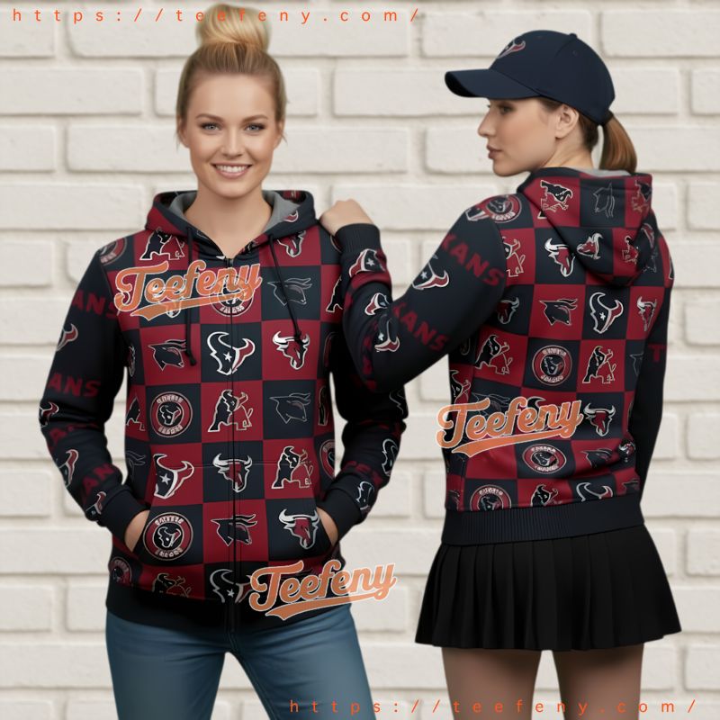 Houston Texans Logo Checkered Pattern Ugly Christmas 3D Zip Up Hoodie Houston Texans Logo Checkered Pattern Ugly Christmas 3D Zip Up Hoodie