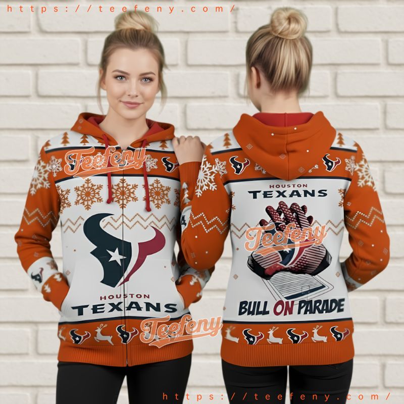 Houston Texans Orange White Bull On Parade Ugly Christmas 3D Hoodie Houston Texans Orange White Bull On Parade Ugly Christmas 3D Hoodie