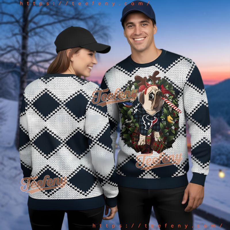 Houston Texans Pug Dog Ugly Christmas Sweater Argyle Design