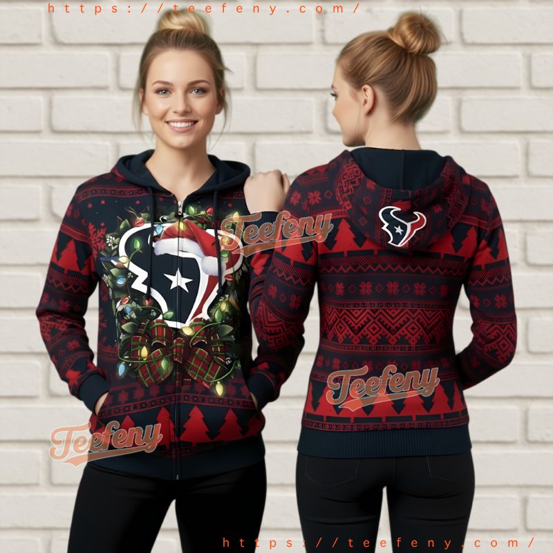 Houston Texans Santa Hat Wreath Ugly Christmas 3D Zip Up Hoodie Houston Texans Santa Hat Wreath Ugly Christmas 3D Zip Up Hoodie