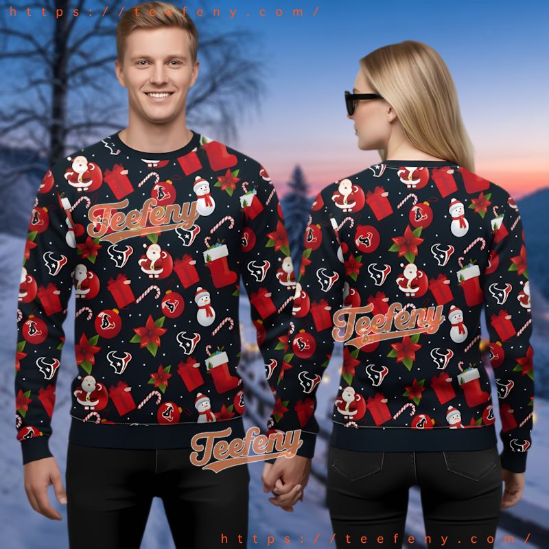 Houston Texans Santa Snowman Ugly Christmas Sweater Black Red