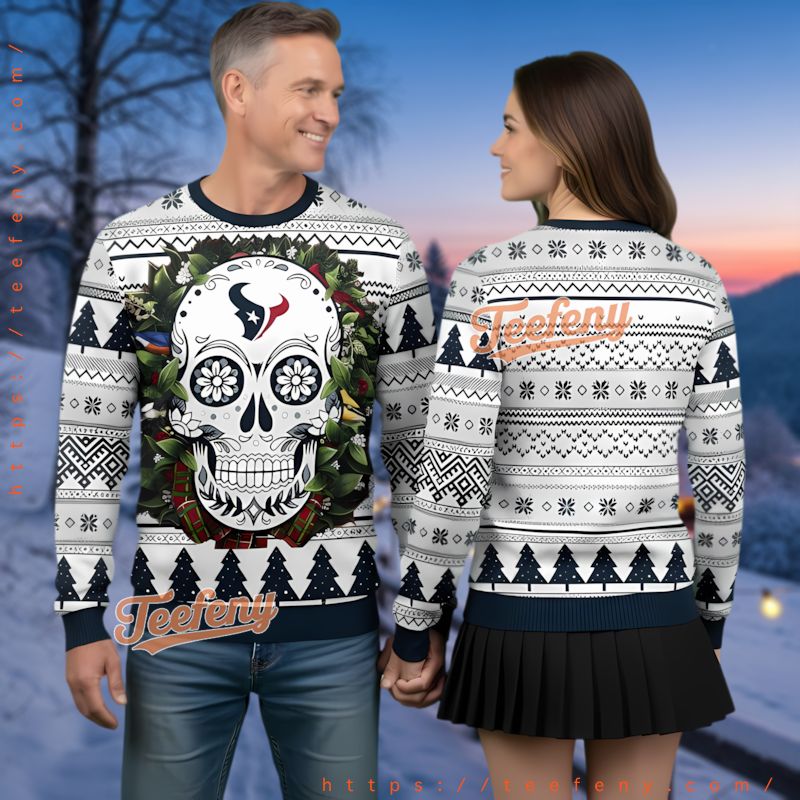 Houston Texans Sugar Skull Ugly Christmas Sweater White Pattern