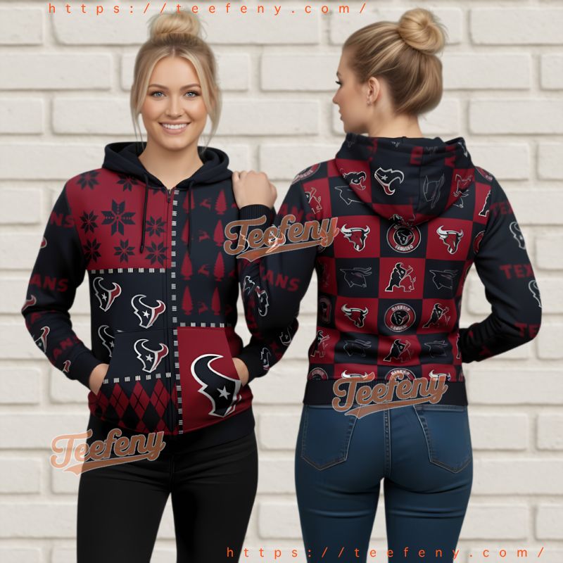 Houston Texans Ugly Christmas All Over Print 3D Zip Hoodie Festive Team Logo Houston Texans Ugly Christmas All Over Print 3D Zip Hoodie Festive Team Logo