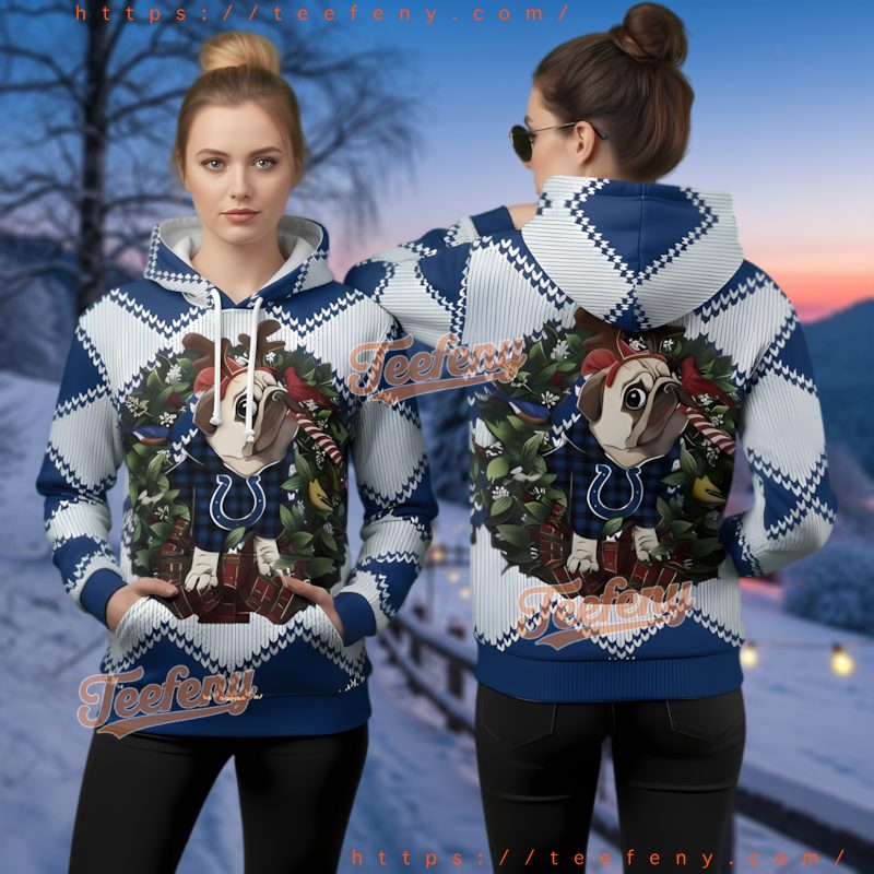 Indianapolis Colts Christmas Pug Dog Wreath Ugly 3D Hoodie