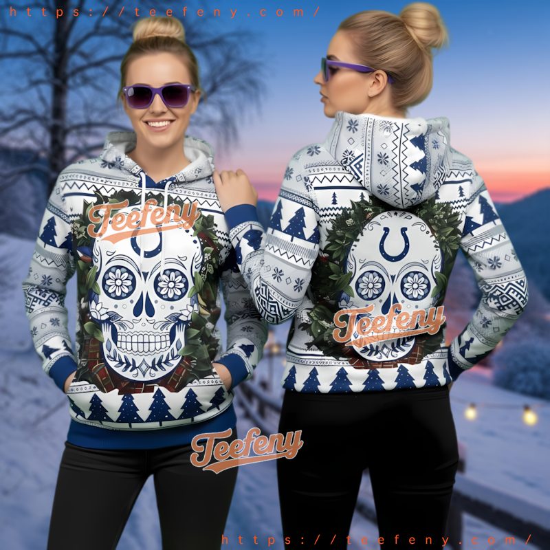 Indianapolis Colts Floral Sugar Skull Ugly Christmas 3D Hoodie Womens