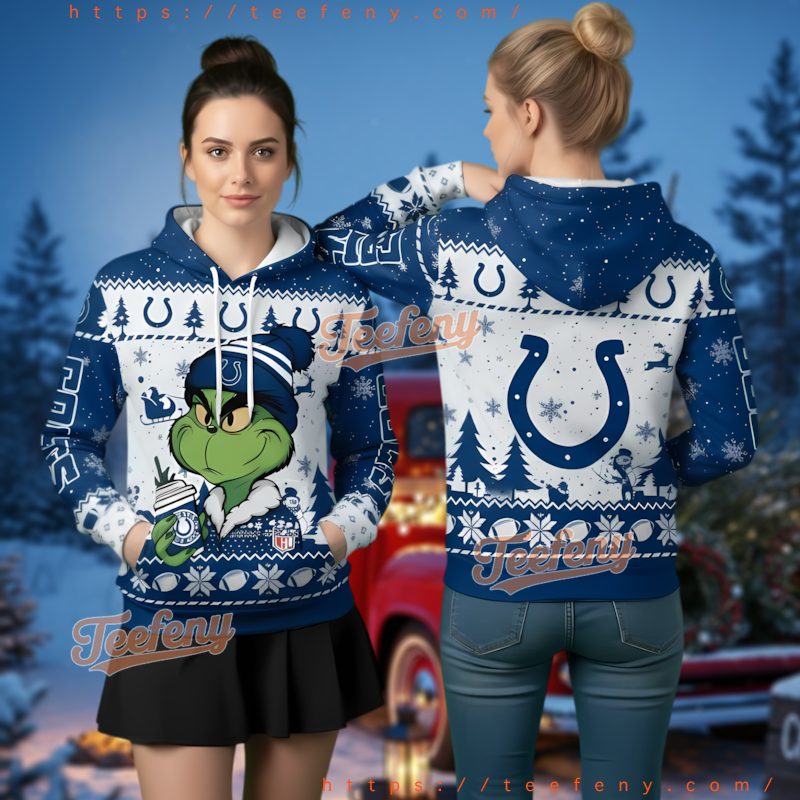Indianapolis Colts Grinch Drinking Coffee Ugly Christmas 3D Hoodie