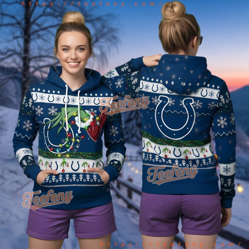 Indianapolis Colts Grinch Tangled In Christmas Lights Ugly 3D Hoodie