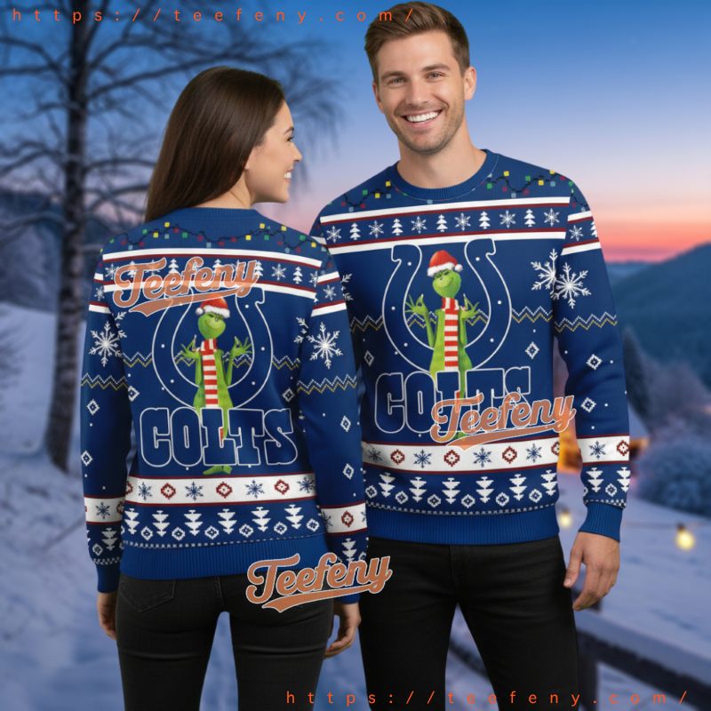 Indianapolis Colts Grinch With Scarf Ugly Christmas Sweater Blue Team Spirit Indianapolis Colts Grinch With Scarf Ugly Christmas Sweater Blue Team Spirit