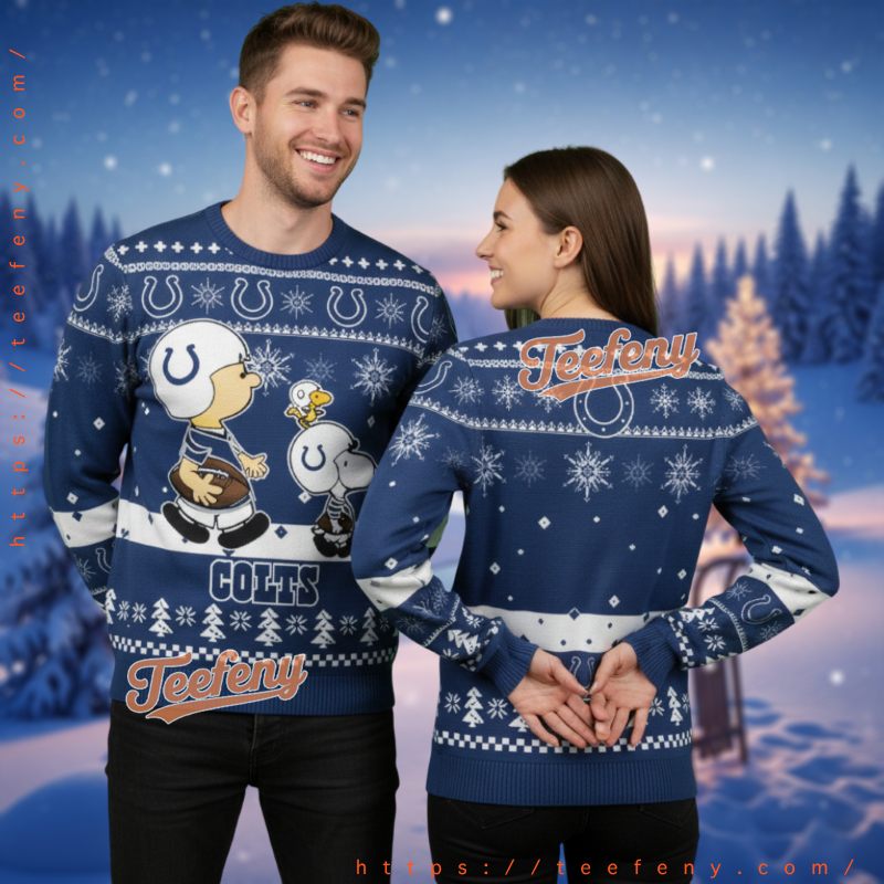 Indianapolis Colts Peanuts Gang Christmas Ugly Sweater Blue And White